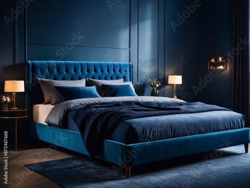 Blue bedroom with luxury comfortable blue bed