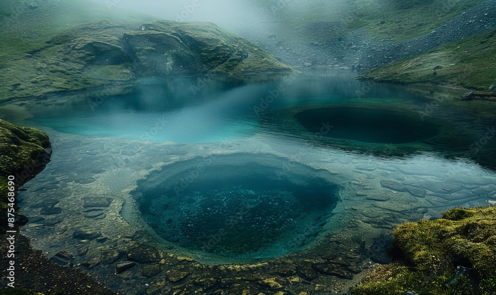A beautiful lake surrounded by rocks and grass. The water is clear and calm. The scene is peaceful and serene A beautiful lake surrounded by rocks and grass. The water is clear and calm. The scene is peaceful and serene