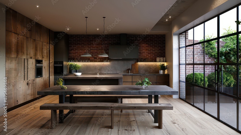 Concrete slab table with plush benches, modern industrial dining area, modern industrial dining Concrete slab table with plush benches, modern industrial dining area, modern industrial dining