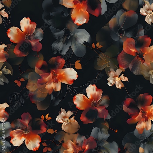 Botanical Art Inspired Seamless Pattern with Red and Orange Flowers