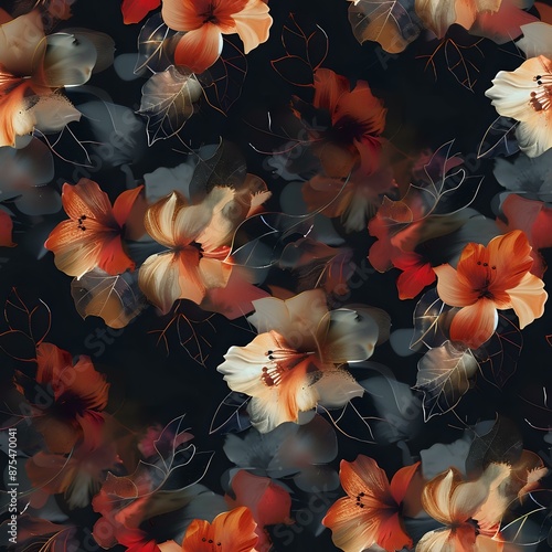 Dark Background Floral Seamless Pattern with Detailed Red Flowers