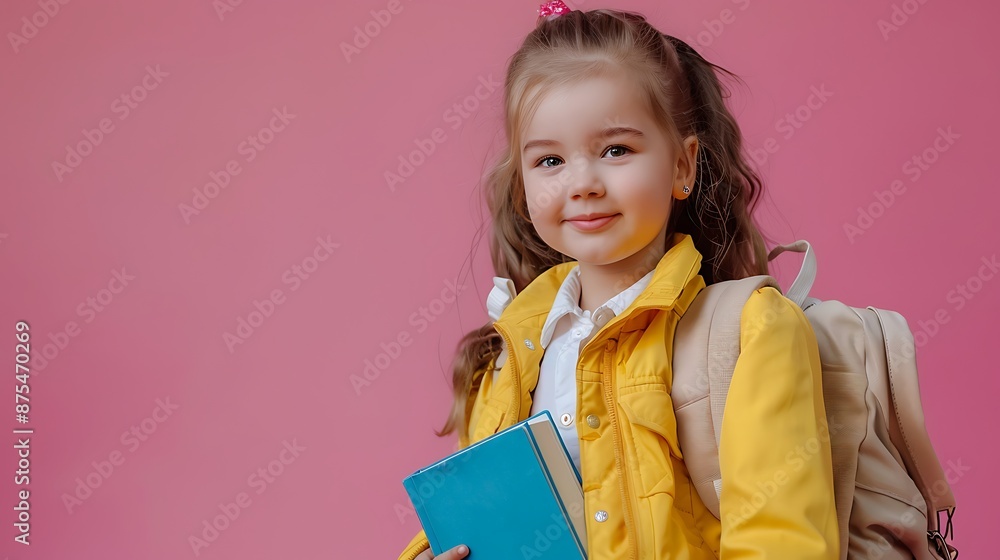 Little girl in school uniform, backpack and books on pink backdrop, yellow jacket, pastel colors, studio shot, happy. Little girl in school uniform, backpack and books on pink backdrop, yellow jacket, pastel colors, studio shot, happy.