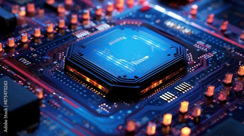 Silicon chip macro photography with enhanced digital effects, ideal for semiconductor and electronics industry materials
