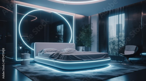 Futuristic bedroom interior with glowing neon lights and modern furniture photo