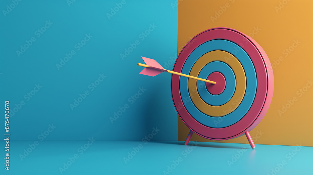 Arrow hitting the center of a colorful target against a blue and orange background, representing accuracy and achievement Arrow hitting the center of a colorful target against a blue and orange background, representing accuracy and achievement