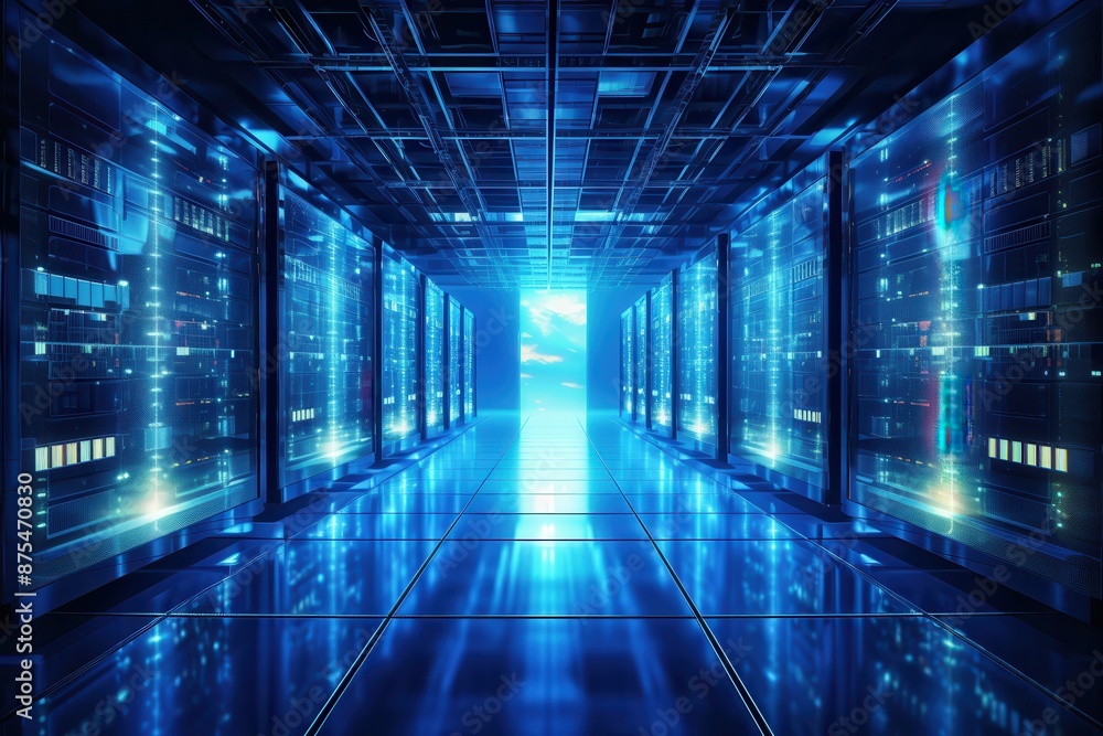 Virtual data center with servers and digital flow, perfect for IT infrastructure companies or cloud data center tours Virtual data center with servers and digital flow, perfect for IT infrastructure companies or cloud data center tours