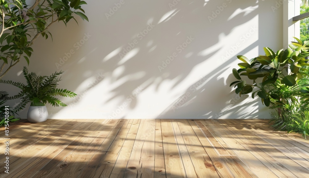 Room with window shadow. Empty house with white wall. Minimal modern home, summer morning. Leaf foliage, interior background. Floor and plant Room with window shadow. Empty house with white wall. Minimal modern home, summer morning. Leaf foliage, interior background. Floor and plant