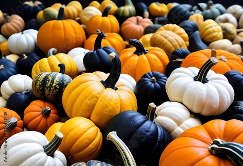 Assortment of colorful pumpkins and gourds, including black, orange, and white varieties, arranged in a display photo