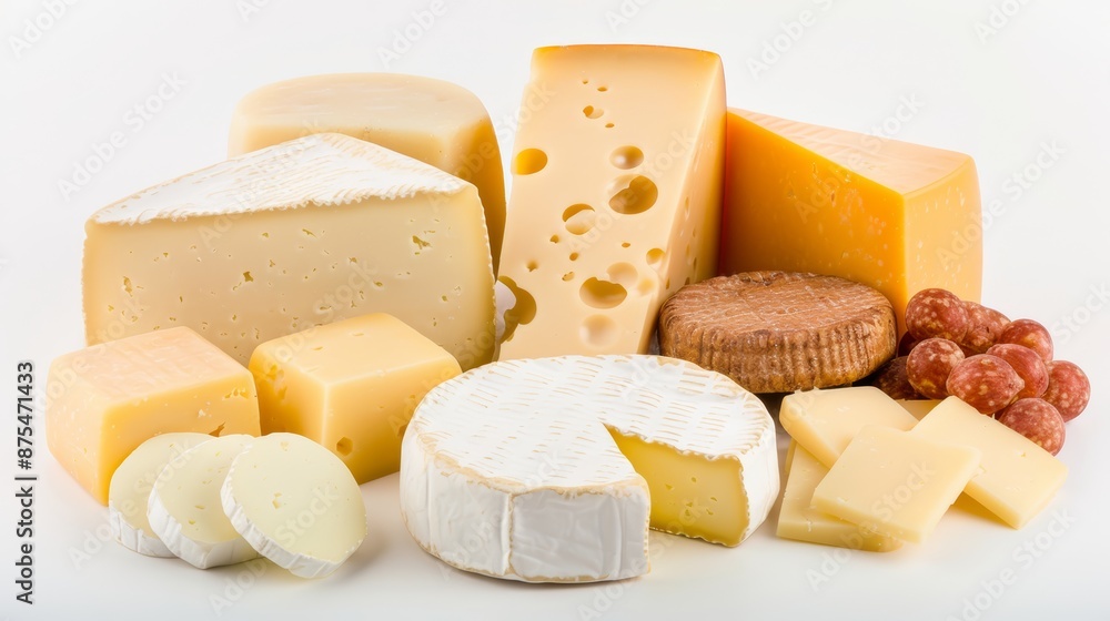Assorted cheeses, parmesan, brie, roquefort, and cheddar arranged artistically with copy space, cinematic style, focus cover all object, deep dept of field Assorted cheeses, parmesan, brie, roquefort, and cheddar arranged artistically with copy space, cinematic style, focus cover all object, deep dept of field