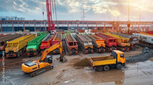 A dynamic scene featuring colorful dump trucks lined up with an excavator in the foreground, all set within a busy construction site during sunset. photo