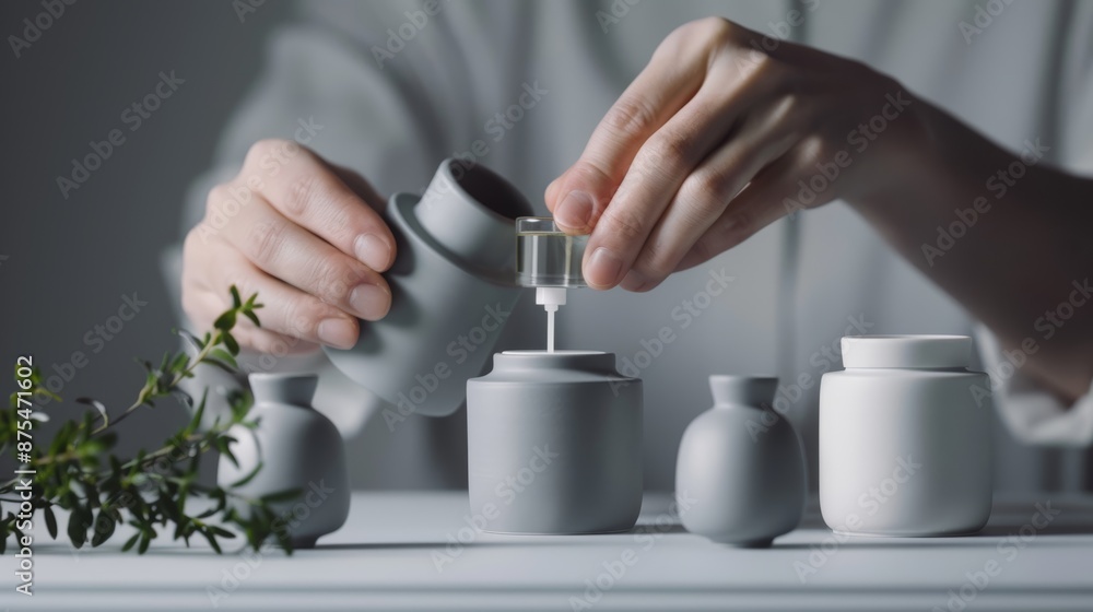 Calm Muji aesthetic, perfumer's hands creating scents with grey ceramics, low saturation palette, cinematic framing, focus cover all object, deep dept of field Calm Muji aesthetic, perfumer's hands creating scents with grey ceramics, low saturation palette, cinematic framing, focus cover all object, deep dept of field