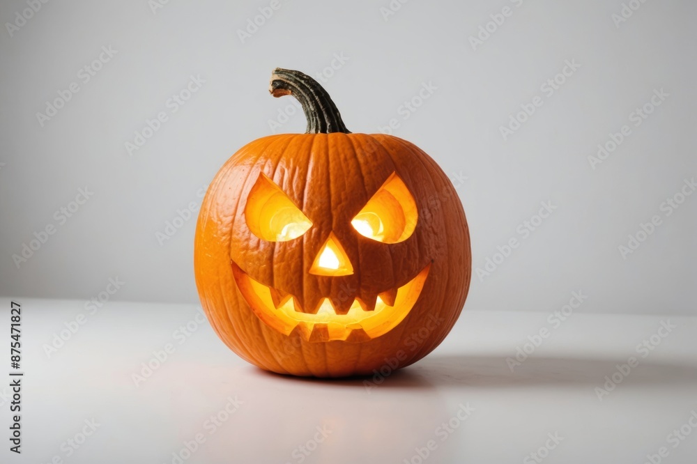 Funny Jack O Lantern halloween pumpkin with candle light inside isolated on white background Funny Jack O Lantern halloween pumpkin with candle light inside isolated on white background