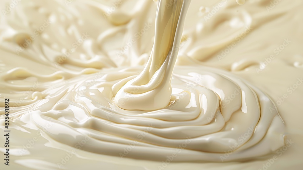 Cinematic photography of cultured milk being poured into mascarpone, close-up on the creamy texture and rich color contrasts, no people, focus cover all object, deep dept of field Cinematic photography of cultured milk being poured into mascarpone, close-up on the creamy texture and rich color contrasts, no people, focus cover all object, deep dept of field