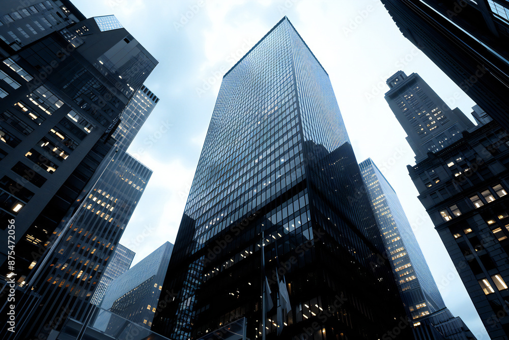Fototapeta premium Modern skyscrapers looking upward, showcasing urban architecture