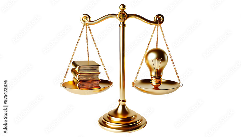Gold balance scale with books and lightbulb Gold balance scale with books and lightbulb