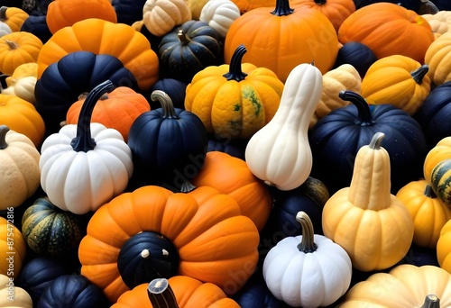 Assortment of colorful pumpkins and gourds, including black, orange, and white varieties, arranged in a display photo