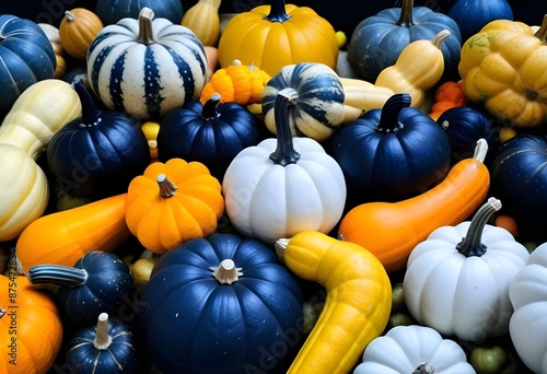 Assortment of colorful pumpkins and gourds, including black, orange, and white varieties, arranged in a display photo