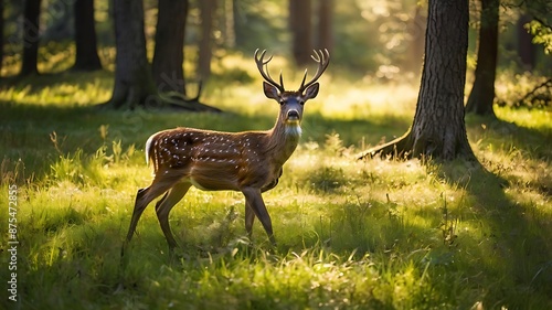 Beautiful red deer stag in colorful forest.