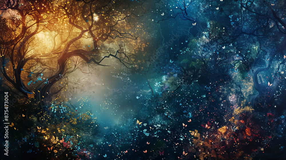 Fantasy Landscape with Glowing Trees and Stars Fantasy Landscape with Glowing Trees and Stars