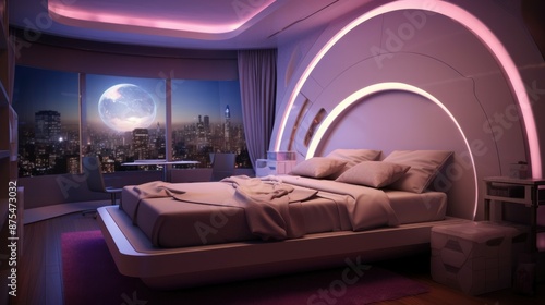 Futuristic bedroom interior with a large moonlit window overlooking a cityscape photo