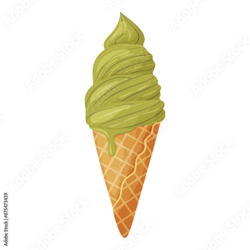 Matcha or pistachio ice cream in a waffle cone Colorful cold summer dessert. Matcha tea Frozen treat Hand drawn flat style, Delicious dessert cheerful and summery appearance. Vector illustration