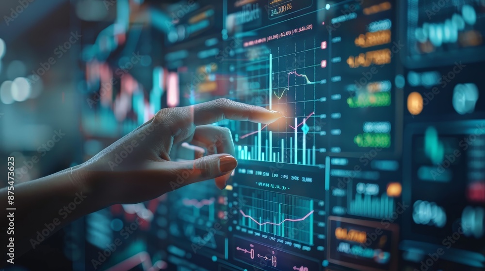 Woman finger touch forex diagrams and stock market data with lines Woman finger touch forex diagrams and stock market data with lines