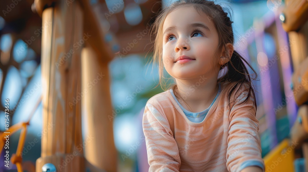 A young girl with a sense of wonder in her eyes looks up while she plays at the playground. The colorful and cheerful environment adds to her playful nature. A young girl with a sense of wonder in her eyes looks up while she plays at the playground. The colorful and cheerful environment adds to her playful nature.