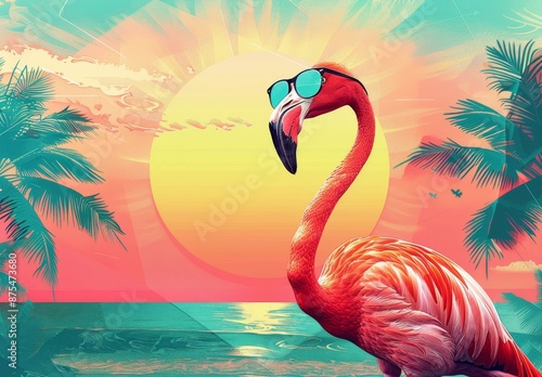 Flamingo summer empty banner with copyspace. Abstract jungle poster background. Tropical paradise pink bird. Vacation decoration with copy space template photo