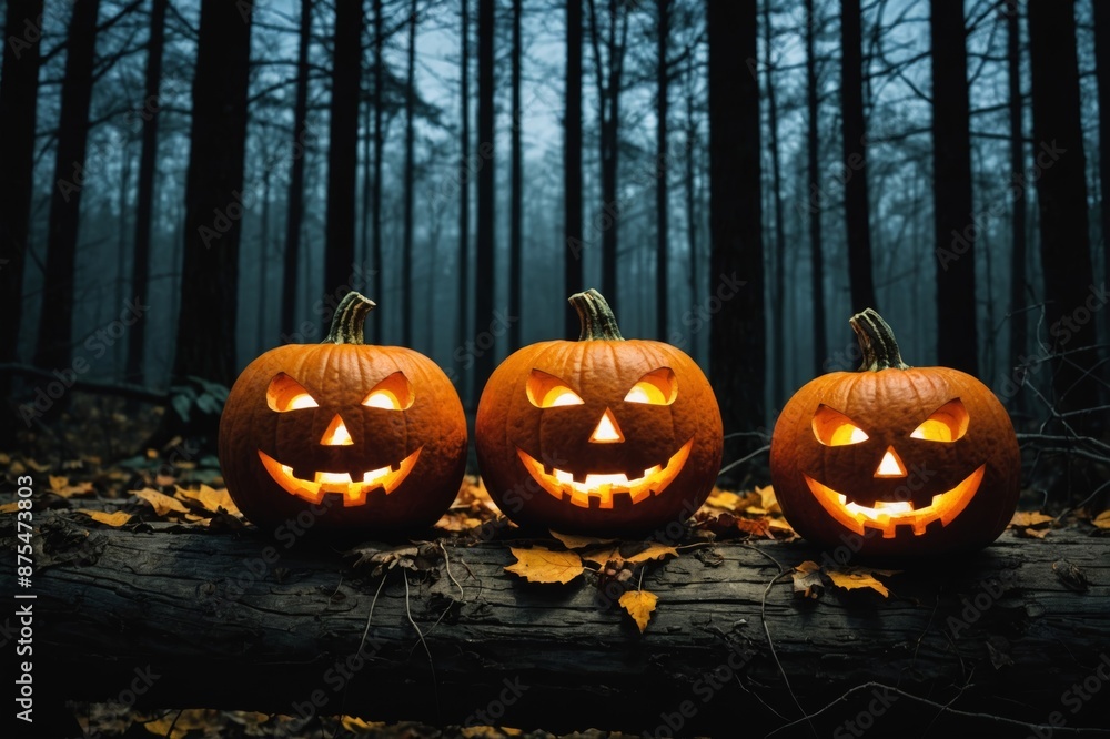 Halloween Pumpkins On Wood In A Spooky Forest At Night Halloween Pumpkins On Wood In A Spooky Forest At Night