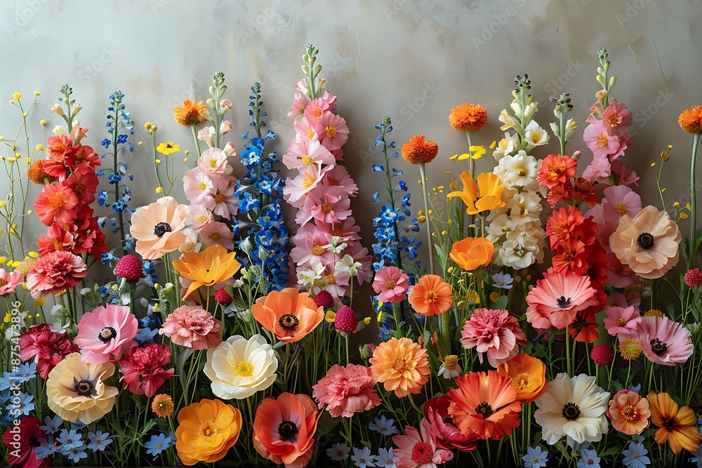 A floral arrangement of wildflowers arranged vertically along a wall or neatly arranged on a surface. Natural background. A floral arrangement of wildflowers arranged vertically along a wall or neatly arranged on a surface. Natural background.
