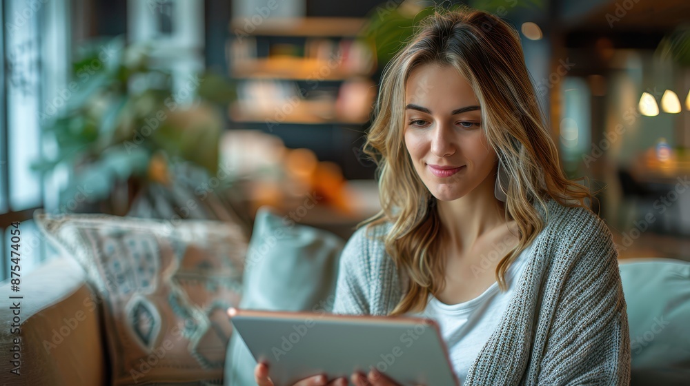 A woman reading from a tablet in a trendy, modern lounge with soft ambient lighting, surrounded by stylish decor including green plants and comfortable seating. A woman reading from a tablet in a trendy, modern lounge with soft ambient lighting, surrounded by stylish decor including green plants and comfortable seating.