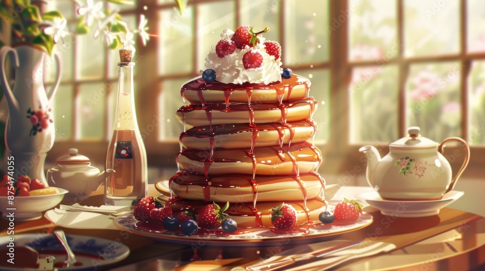 A stack of pancakes with whipped cream and berries on top. Generate AI image A stack of pancakes with whipped cream and berries on top. Generate AI image