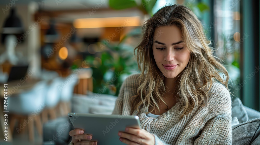 A woman with a tablet, browsing comfortably in a chic, urban cafe setting, with modern decor, soft lighting, and green plants creating a serene atmosphere. A woman with a tablet, browsing comfortably in a chic, urban cafe setting, with modern decor, soft lighting, and green plants creating a serene atmosphere.
