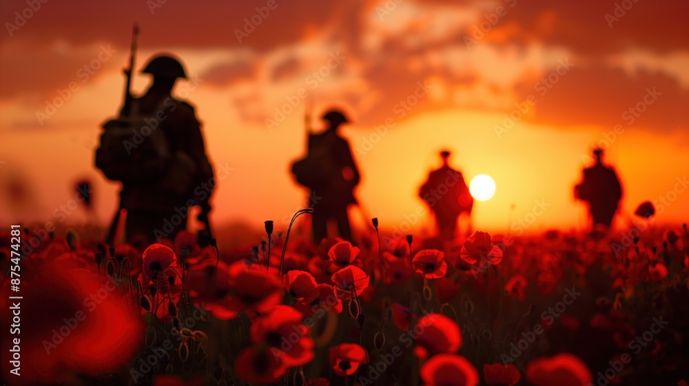 Fototapeta premium a detachment of soldiers of the first world wave walks through a poppy field
