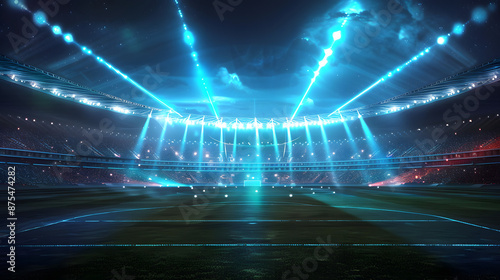 Beautifully lit football stadium at night, with intense beams of light highlighting perfectly maintained pitch. 3D rendering. Concept of professional sport, competition, championship, match, energy © Prasanth