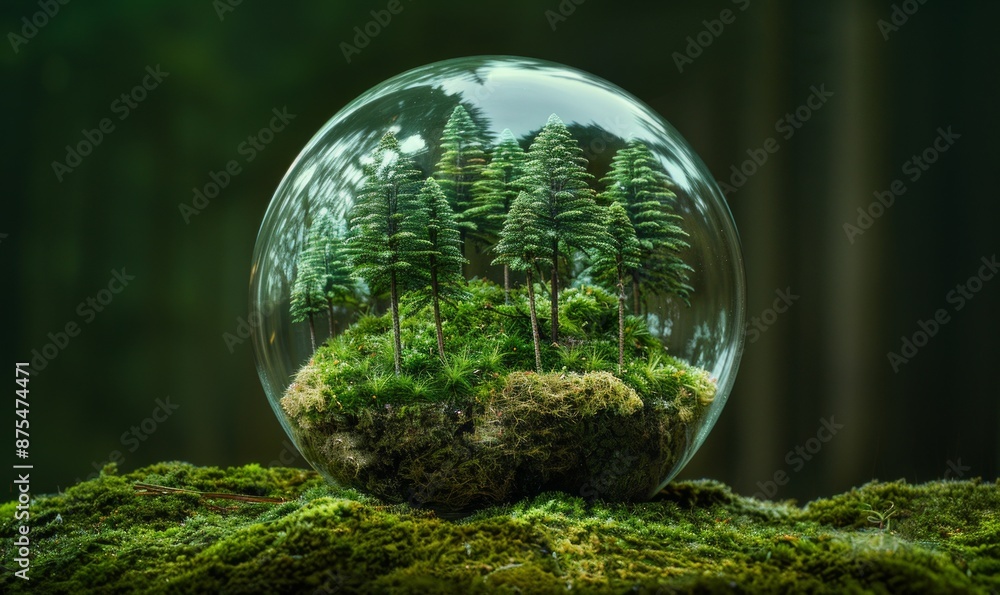 A glass sphere with green trees inside, the glass sphere on a pile of green moss, with a dark green background behind it. A glass sphere with green trees inside, the glass sphere on a pile of green moss, with a dark green background behind it.