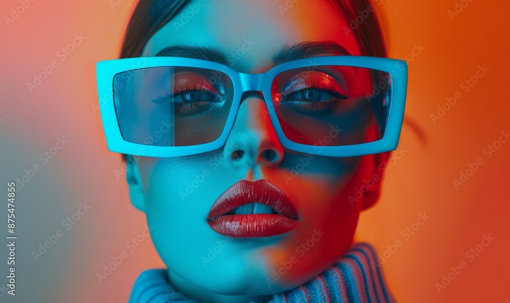 Woman with red lipstick and red and blue glasses, solarisation effect style, modern geometry, contrasting shadows, blue and amber, striped pattern, monochrome toning, bright colour combinations Woman with red lipstick and red and blue glasses, solarisation effect style, modern geometry, contrasting shadows, blue and amber, striped pattern, monochrome toning, bright colour combinations