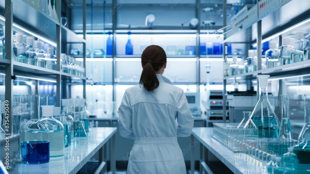 Manager silhouette in a biotechnology lab, directing experiments, front angle, photorealistic Manager silhouette in a biotechnology lab, directing experiments, front angle, photorealistic