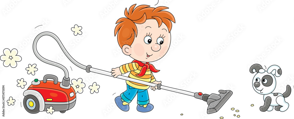 Funny little boy vacuuming his room with a vacuum cleaner, vector ...