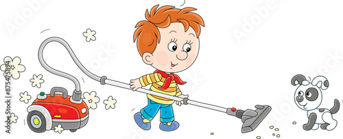 Funny little boy vacuuming his room with a vacuum cleaner, vector cartoon illustration isolated on a white background