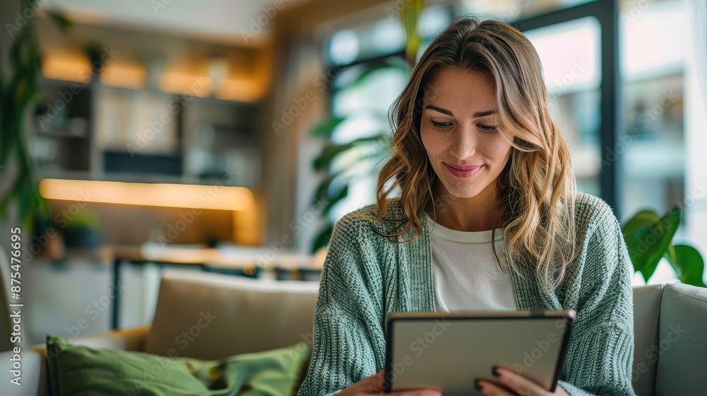 A young woman with brown hair wearing a grey cardigan smiling as she looks down at a tablet device in a modern, well-lit living room environment. A young woman with brown hair wearing a grey cardigan smiling as she looks down at a tablet device in a modern, well-lit living room environment.