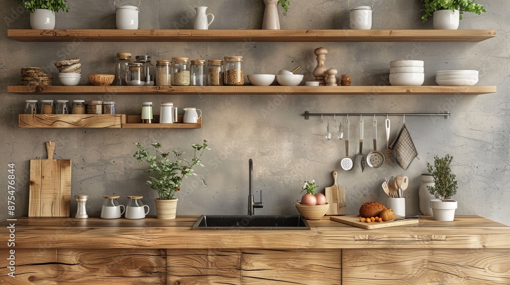 Wooden home kitchen interior with bar countertop and sink and kitchenware Wooden home kitchen interior with bar countertop and sink and kitchenware