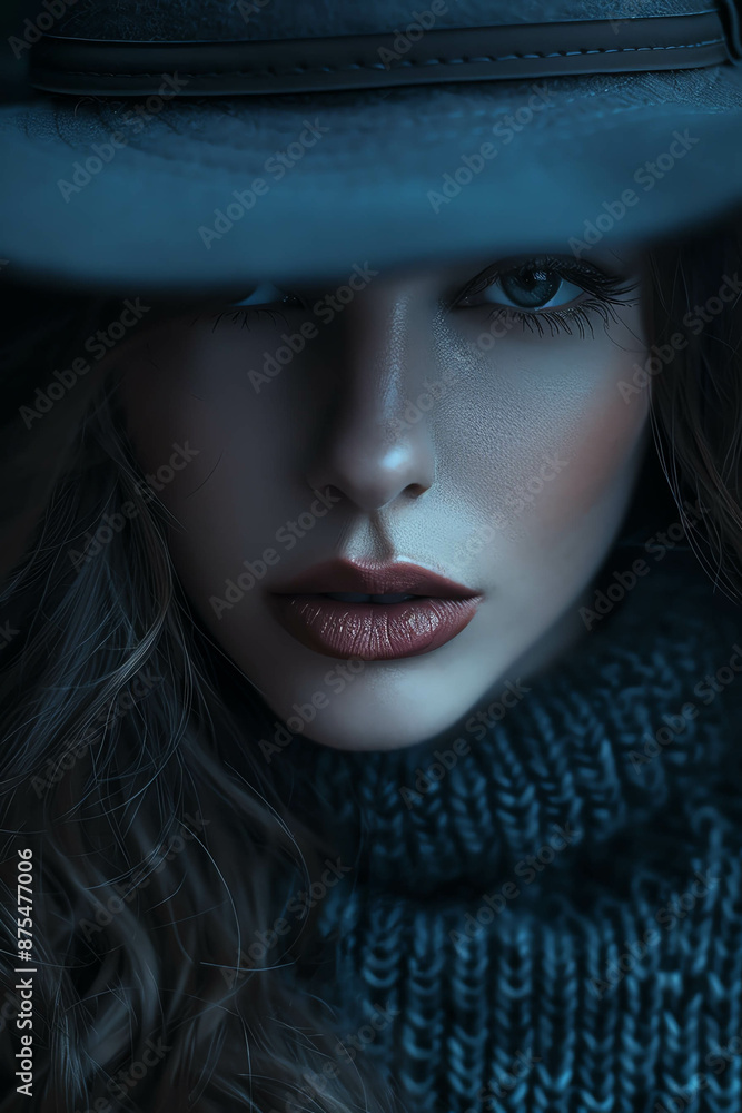 Mysterious woman in a witch hat, dark atmospheric background Mysterious woman in a witch hat, dark atmospheric background