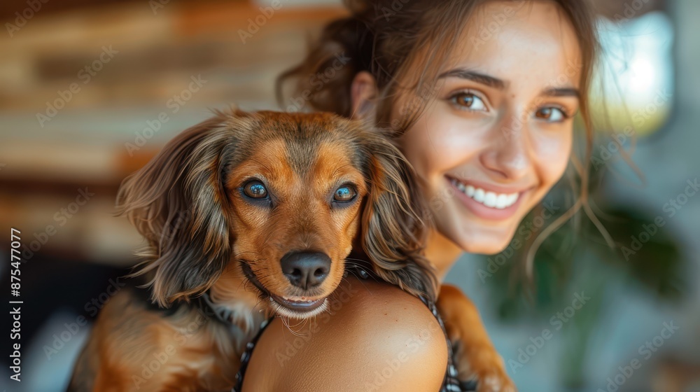 A woman with her hair tied up smiles while holding a small dog on her shoulder, in a cozy indoor setting with a wooden backdrop, capturing a heartwarming bond. A woman with her hair tied up smiles while holding a small dog on her shoulder, in a cozy indoor setting with a wooden backdrop, capturing a heartwarming bond.