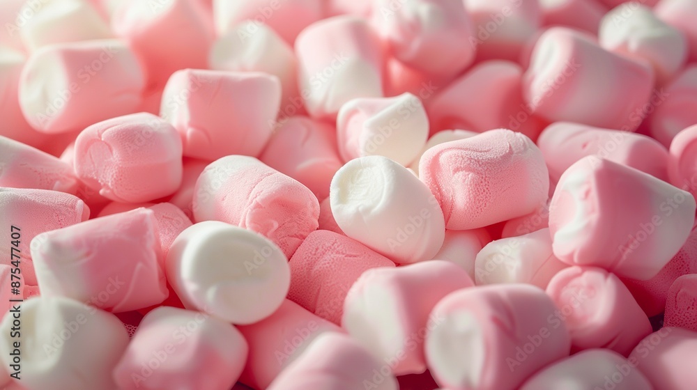 A close-up of many marshmallows and an abundance of soft, fluffy pieces of candy. Marshmallows with a spongy texture and perfect shape.