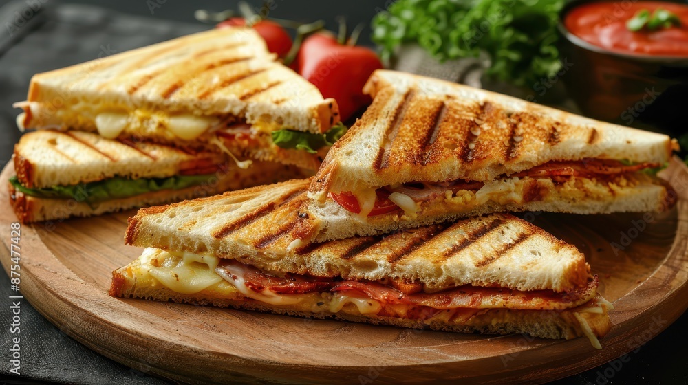 An appetizing grilled cheese sandwich, packed with vegetables and served on a wooden plate, accompanied by a bowl of tomato dip and garnished with greens. An appetizing grilled cheese sandwich, packed with vegetables and served on a wooden plate, accompanied by a bowl of tomato dip and garnished with greens.
