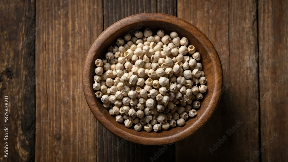 top view of white pepper in a small wooden plate isola background top view of white pepper in a small wooden plate isola background