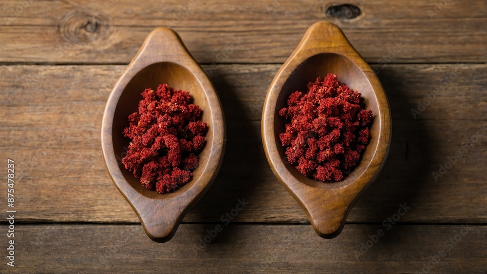top view of sumac in a small wooden plate isolated on background top view of sumac in a small wooden plate isolated on background