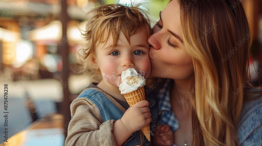 A loving mother kisses her child, who is enjoying an ice cream cone, while sitting outdoors in an urban setting. The moment captures affection and joy during a family outing. A loving mother kisses her child, who is enjoying an ice cream cone, while sitting outdoors in an urban setting. The moment captures affection and joy during a family outing.