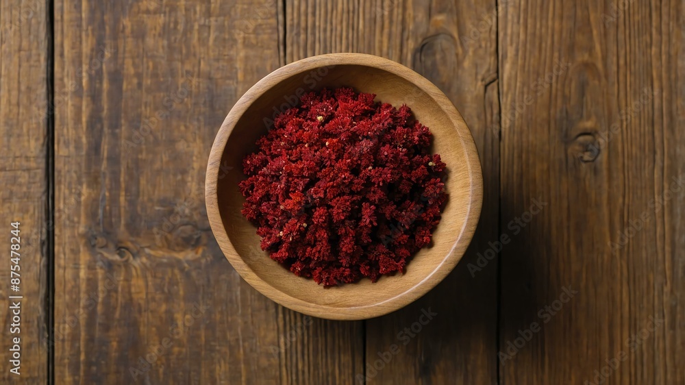 top view of sumac in a small wooden plate isolated on background top view of sumac in a small wooden plate isolated on background